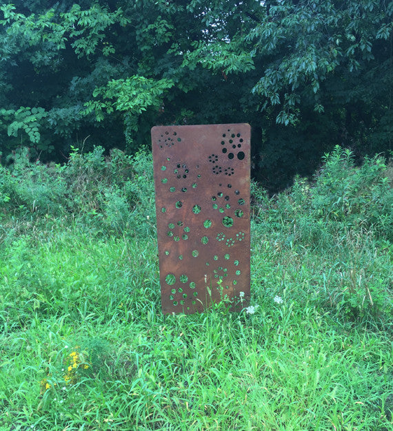 Large rusted metal privacy screen with circular holes, 46-inch tall, Rustica Ornamentals on Tampa Home & Garden Store