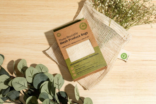 Produce Bags Gift Box by Organic Cotton Mart with three reusable mesh bags in packaging on Tampa Home & Garden Store