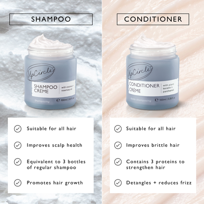 The Haircare Duo + Bamboo Wide Tooth Comb: UpCircle shampoo crème and conditioner crème bottles on Tampa Home & Garden Store