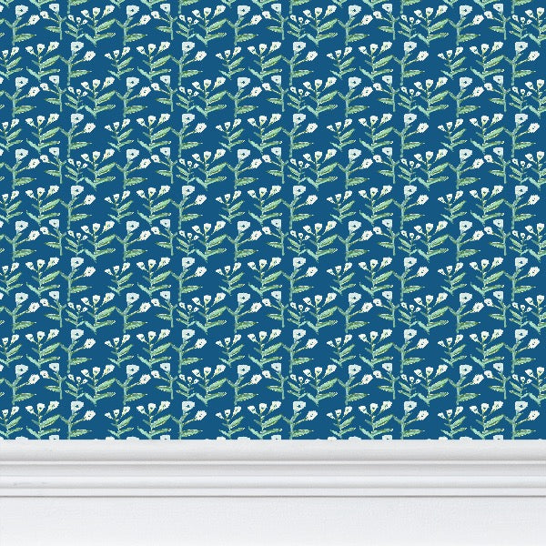 Sydney Wallpaper Marine teal navy with green leaves motif by Erin Donahue Tice on Tampa Home & Garden Store