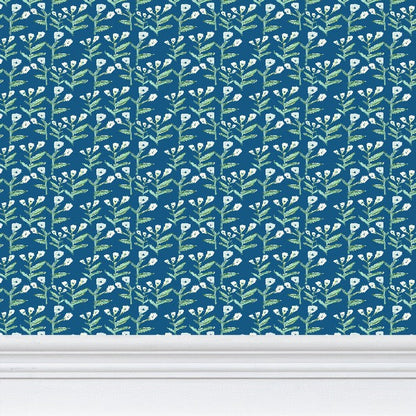 Sydney Wallpaper Marine teal navy with green leaves motif by Erin Donahue Tice on Tampa Home & Garden Store