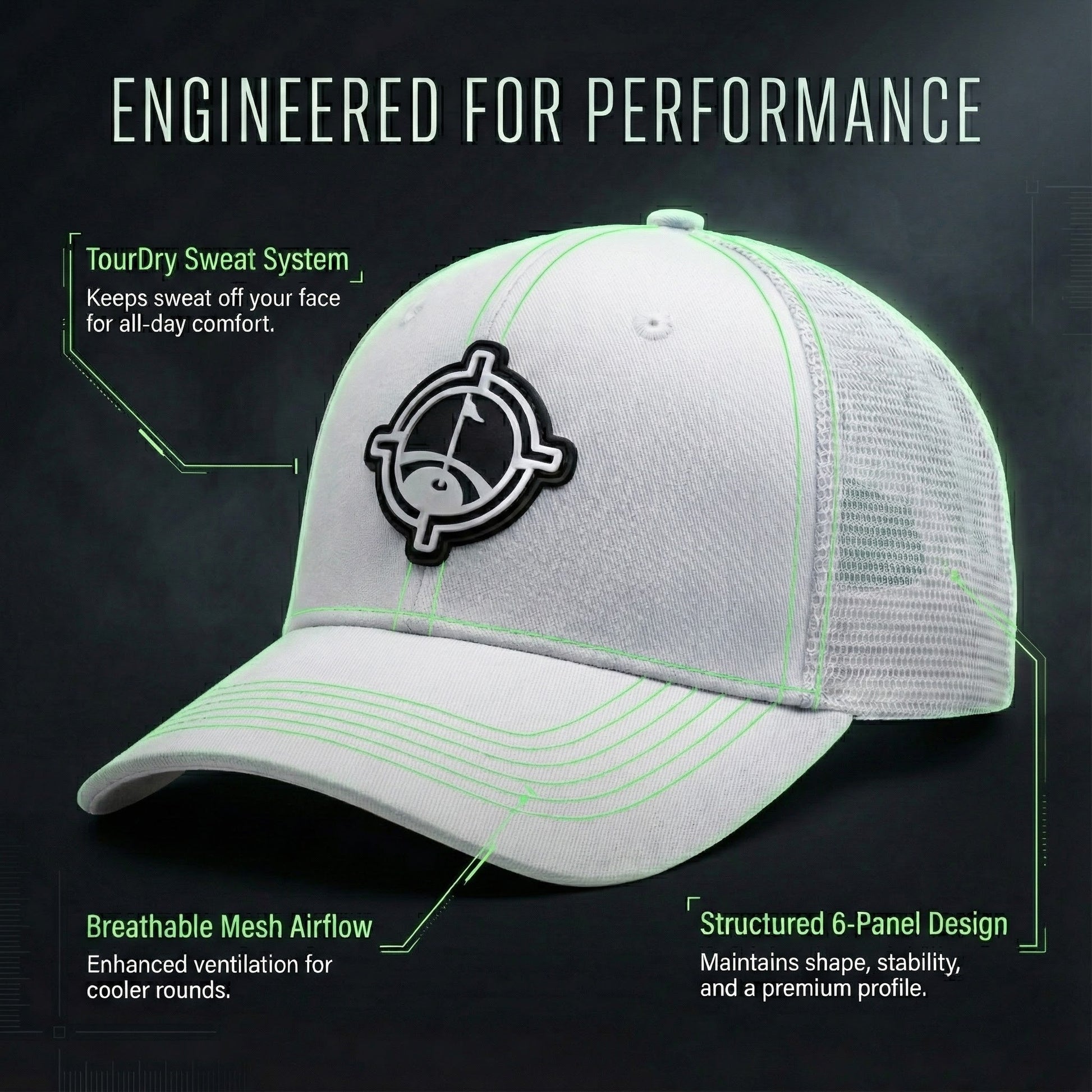 Aiming Fluid Golf snapback with TourDry, white fabric and green stitching, front logo patch on Tampa Home & Garden Store