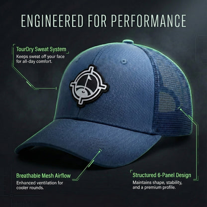 Aiming Fluid Golf Performance Hat blue denim snapback with panda logo patch on Tampa Home & Garden Store