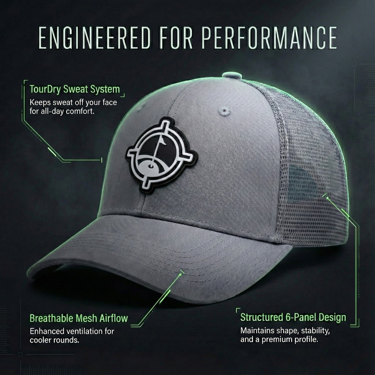 Aiming Fluid Golf TourDry snapback hat gray with front logo patch, six-panel structured design on Tampa Home & Garden Store