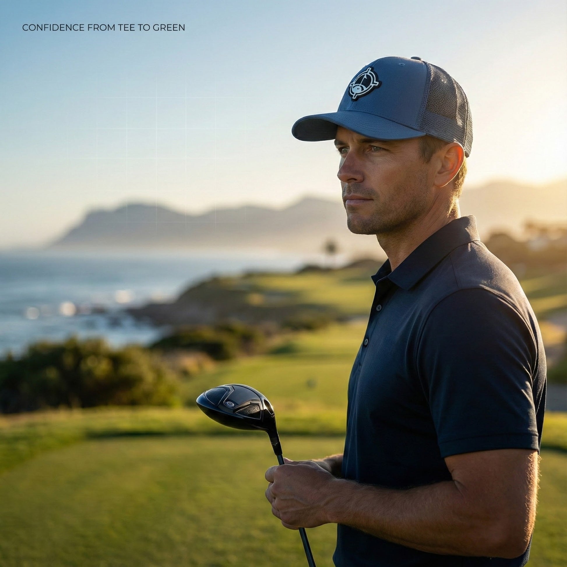 Aiming Fluid Golf TourDry Snapback Hat in blue with gray mesh back on Tampa Home & Garden Store