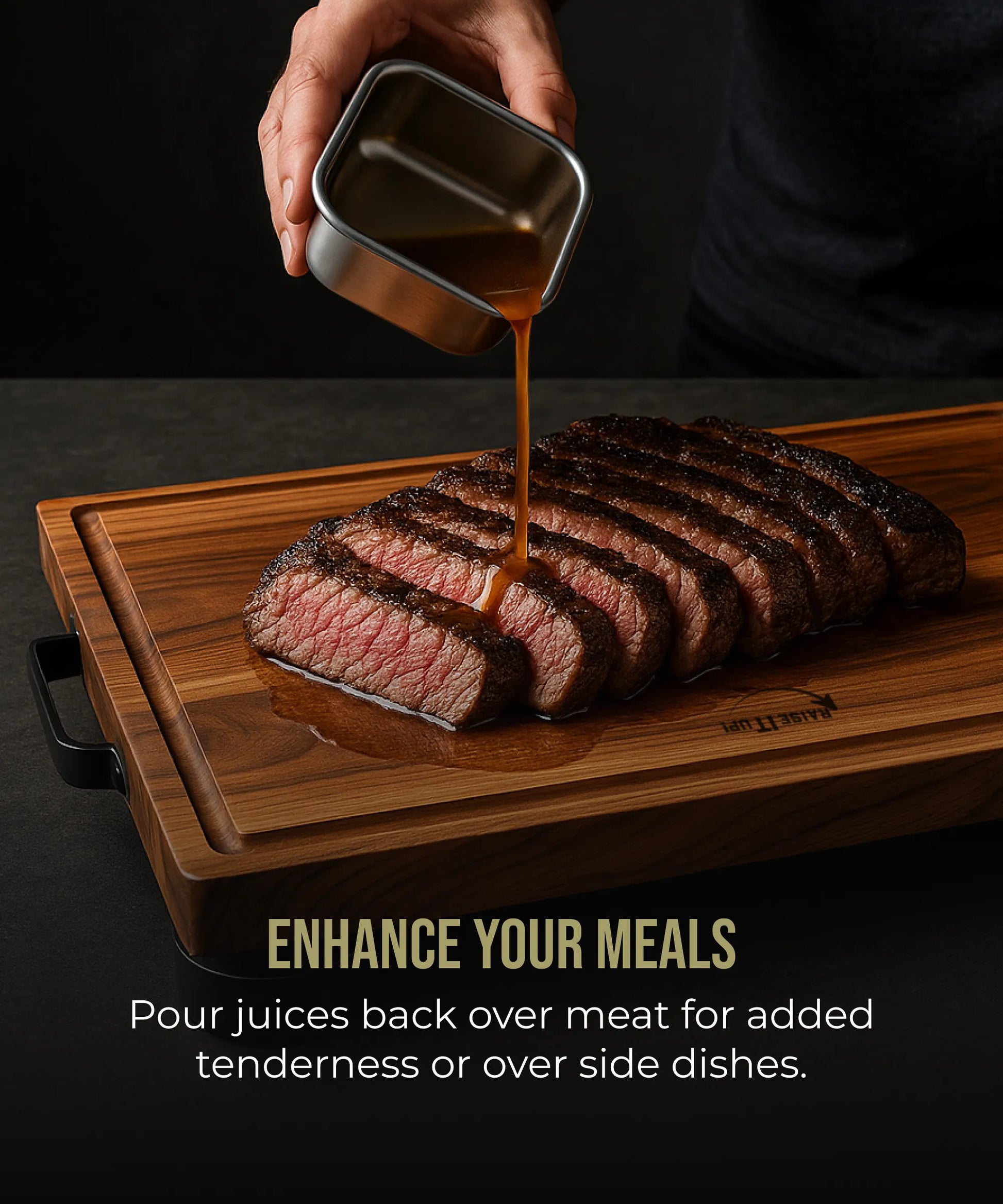 True Board Square Bowl - Stainless Steel pours sauce over grilled steak on wood board on Tampa Home & Garden Store