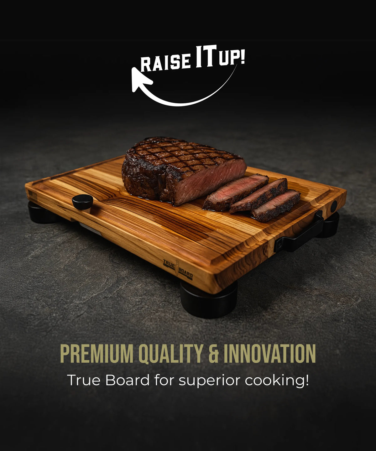 True Board cutting board with wood grain and steak slices shown on a premium kitchen tool on Tampa Home & Garden Store