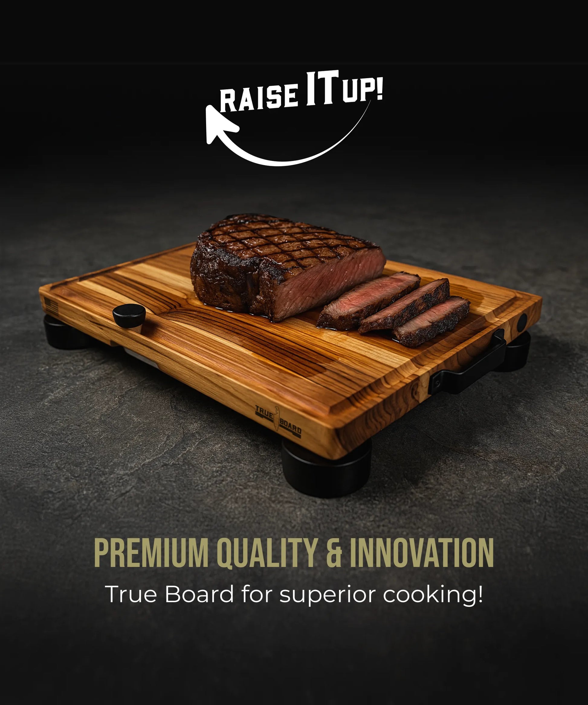 True Board cutting board with wood grain and steak slices shown on a premium kitchen tool on Tampa Home & Garden Store