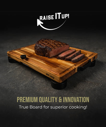 True Board cutting board with wood grain and steak slices shown on a premium kitchen tool on Tampa Home & Garden Store
