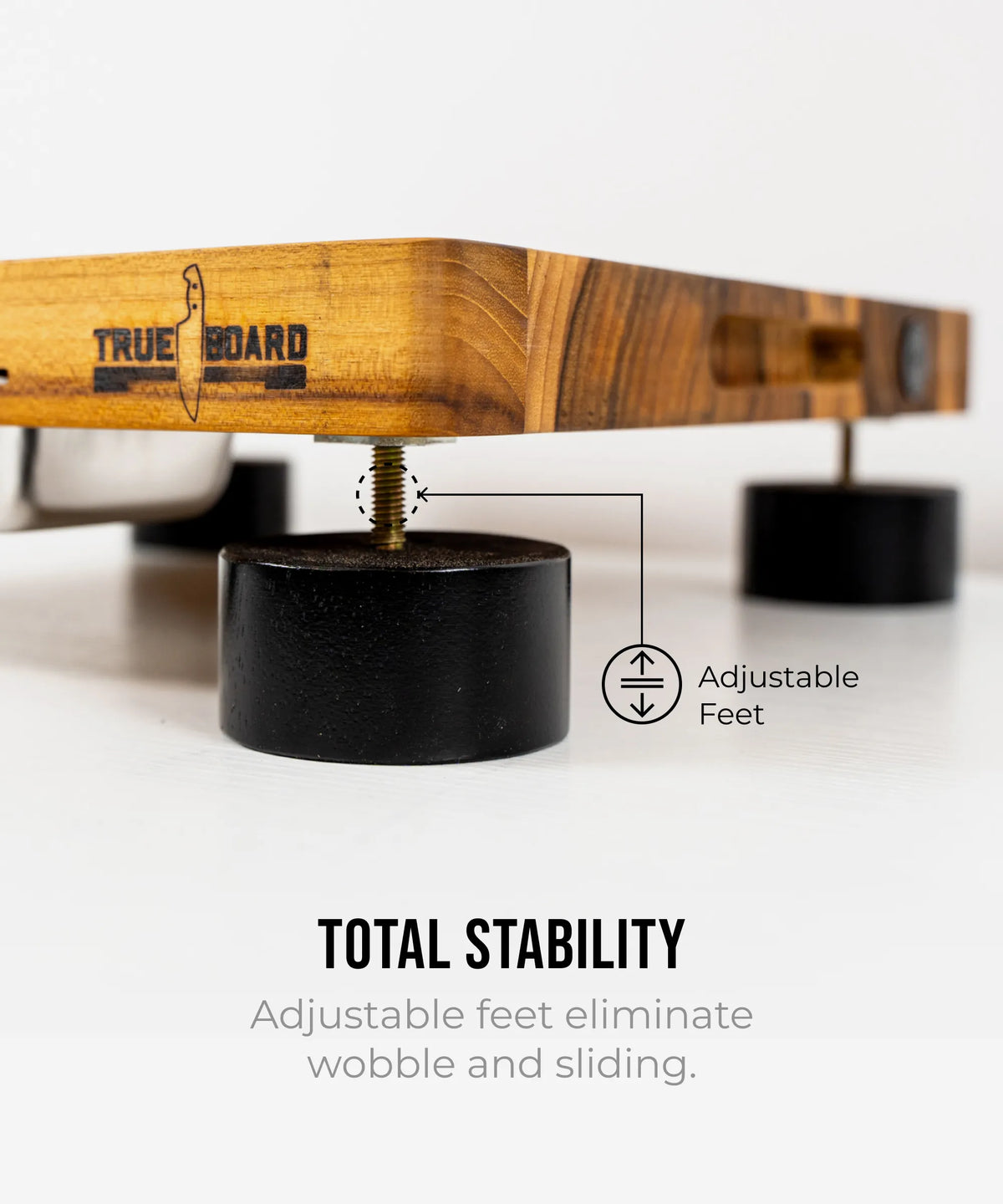 The True Board cutting board wooden with adjustable feet and visible logo on Tampa Home & Garden Store