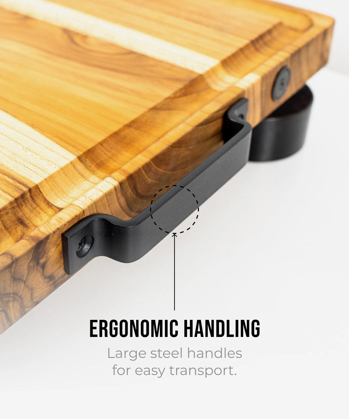 The True Board cutting board with butcher-block wood grain and large steel handles on Tampa Home & Garden Store