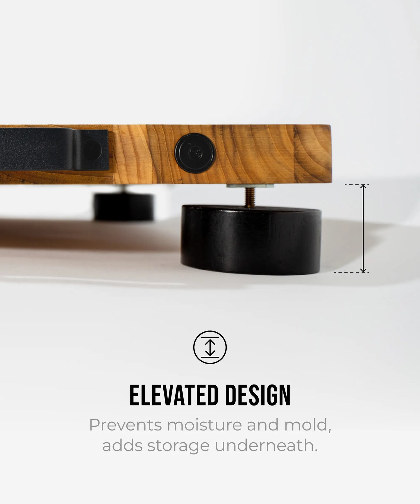 The True Board wooden cutting board on an elevated black stand with clamp detail on Tampa Home & Garden Store