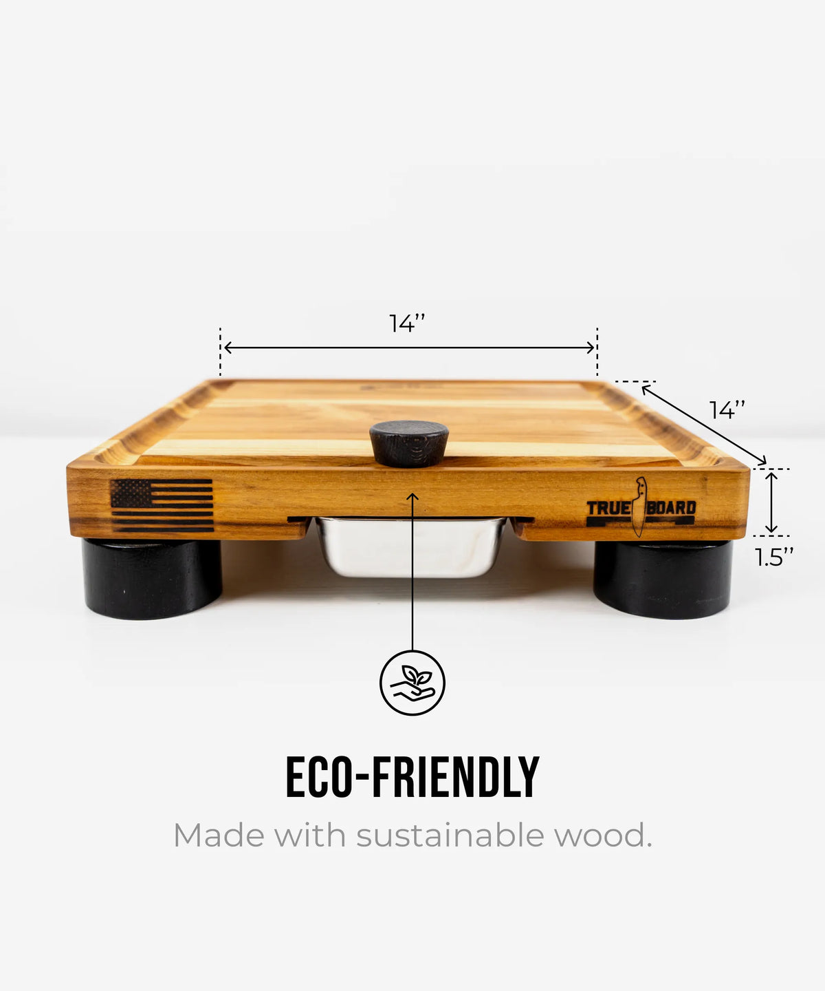The True Board Compact cutting board in natural wood with black feet, 14x14 in on Tampa Home & Garden Store