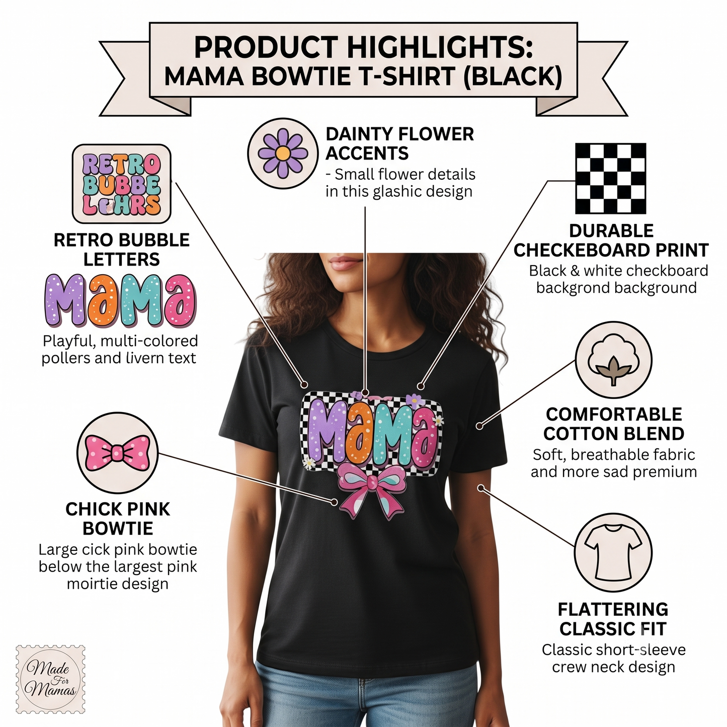 Cute Bow Graphic Mama Cotton Tee For Mommy
