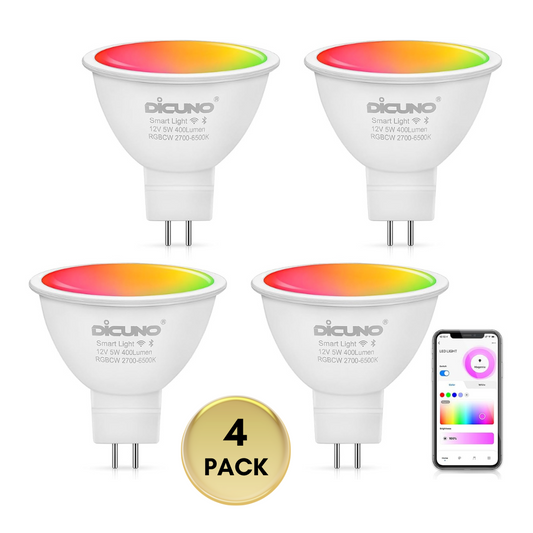 Paquete de 4 bombillas LED inteligentes RGBCW MR16 de 5 W con WiFi, ahorro de energía, cambio de color RGBCW, 12 V, para exteriores, compatible con Alexa, Google Assistant y Siri