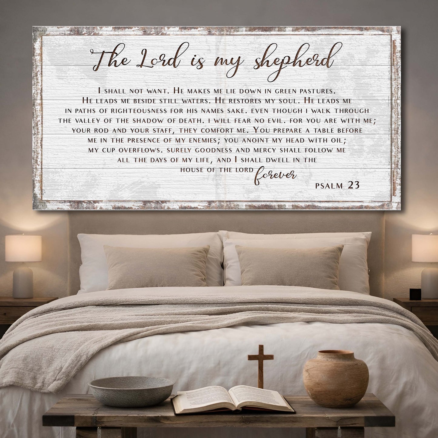 Psalm 23 The Lord Is My Shepherd Sign III canvas wall art in rustic whitewashed frame on Tampa Home & Garden Store