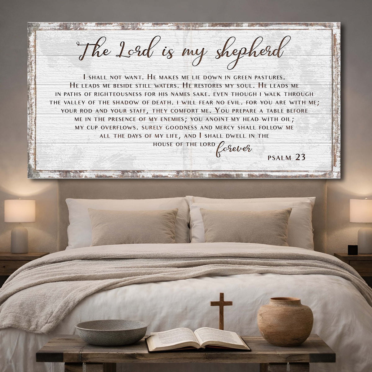 Psalm 23 The Lord Is My Shepherd Sign III canvas wall art in rustic whitewashed frame on Tampa Home & Garden Store