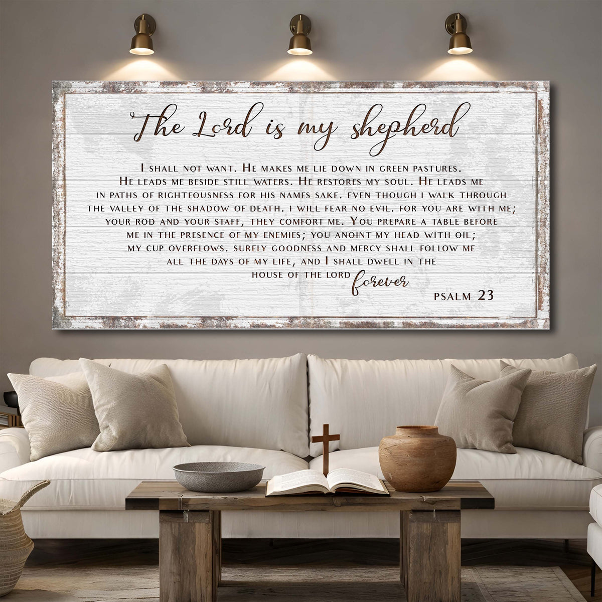 Canvas sign Psalm 23 The Lord Is My Shepherd by Tailored Canvases, distressed whitewashed frame on Tampa Home & Garden Store