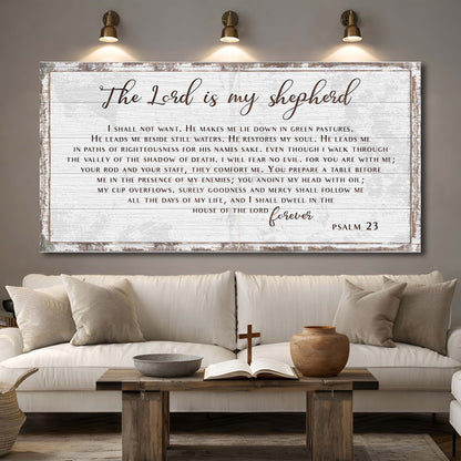 Canvas sign Psalm 23 The Lord Is My Shepherd by Tailored Canvases, distressed whitewashed frame on Tampa Home & Garden Store