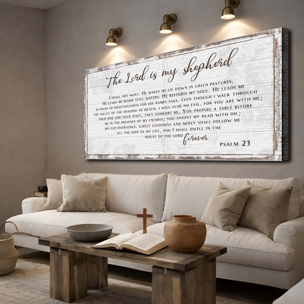 Psalm 23 The Lord Is My Shepherd Sign III canvas by Tailored Canvases with distressed frame on Tampa Home & Garden Store