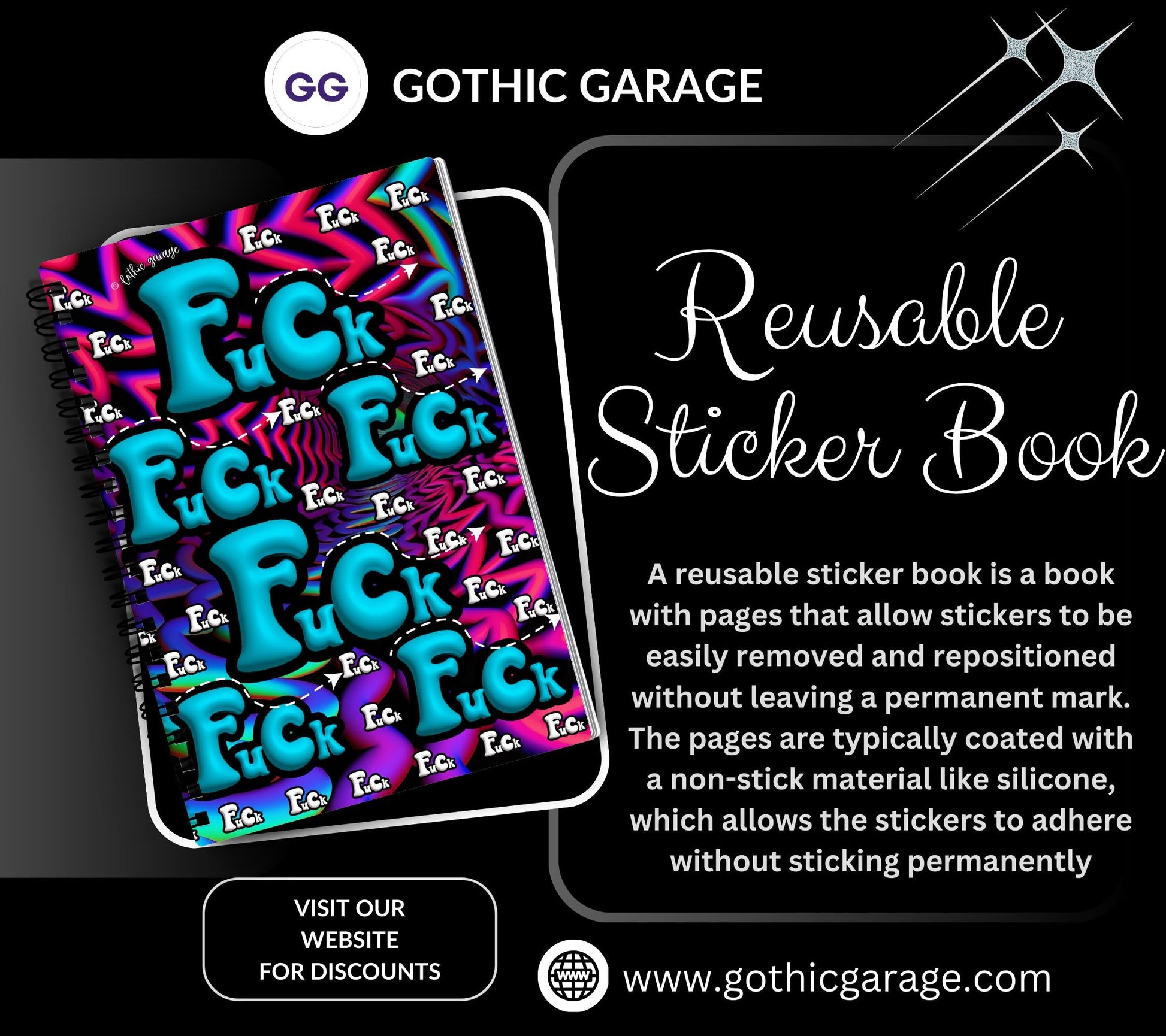 Psychedelic Swear Words Reusable Sticker Book, Adult Vibe Sticker Album, Perfect Gift to Personalize for Sticker Collectors - Tampa Home & Garden Store