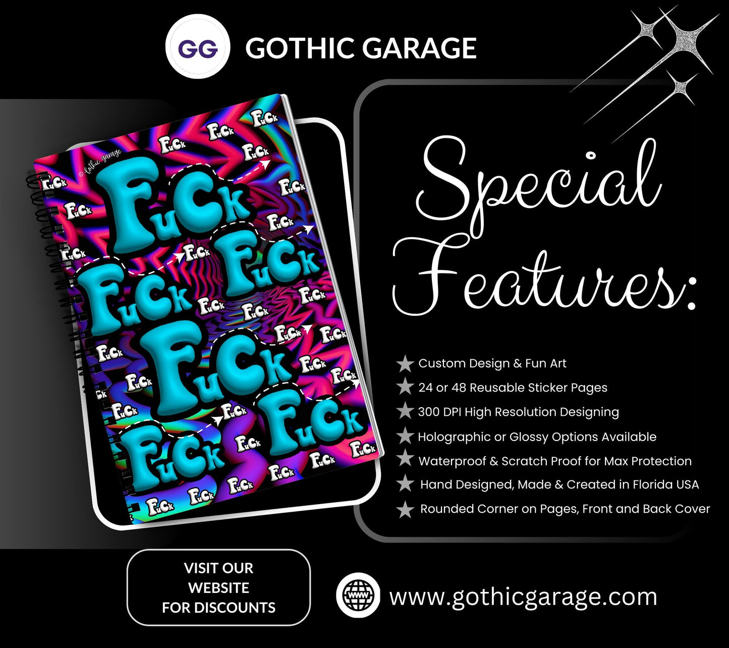 Psychedelic Swear Words Reusable Sticker Book, Adult Vibe Sticker Album, Perfect Gift to Personalize for Sticker Collectors - Tampa Home & Garden Store