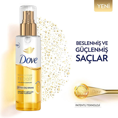 Dove Hair Repair Serum bottle with pump, golden dual-phase formula and peptide complex on Tampa Home & Garden Store