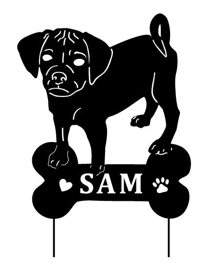 Puggle garden stake black pug on bone base SAM paw prints Rustica Ornamentals lawn ornament on Tampa Home & Garden Store