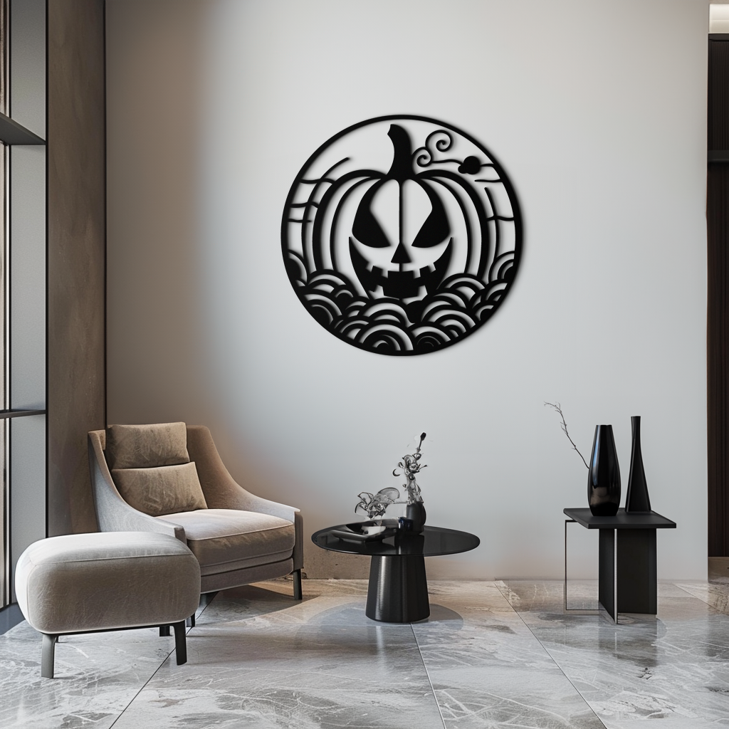 Pumpkin Halloween Silhouette Metal Wall Art – Spooky Round Black Decor- KAF327 - Tampa Home & Garden Store