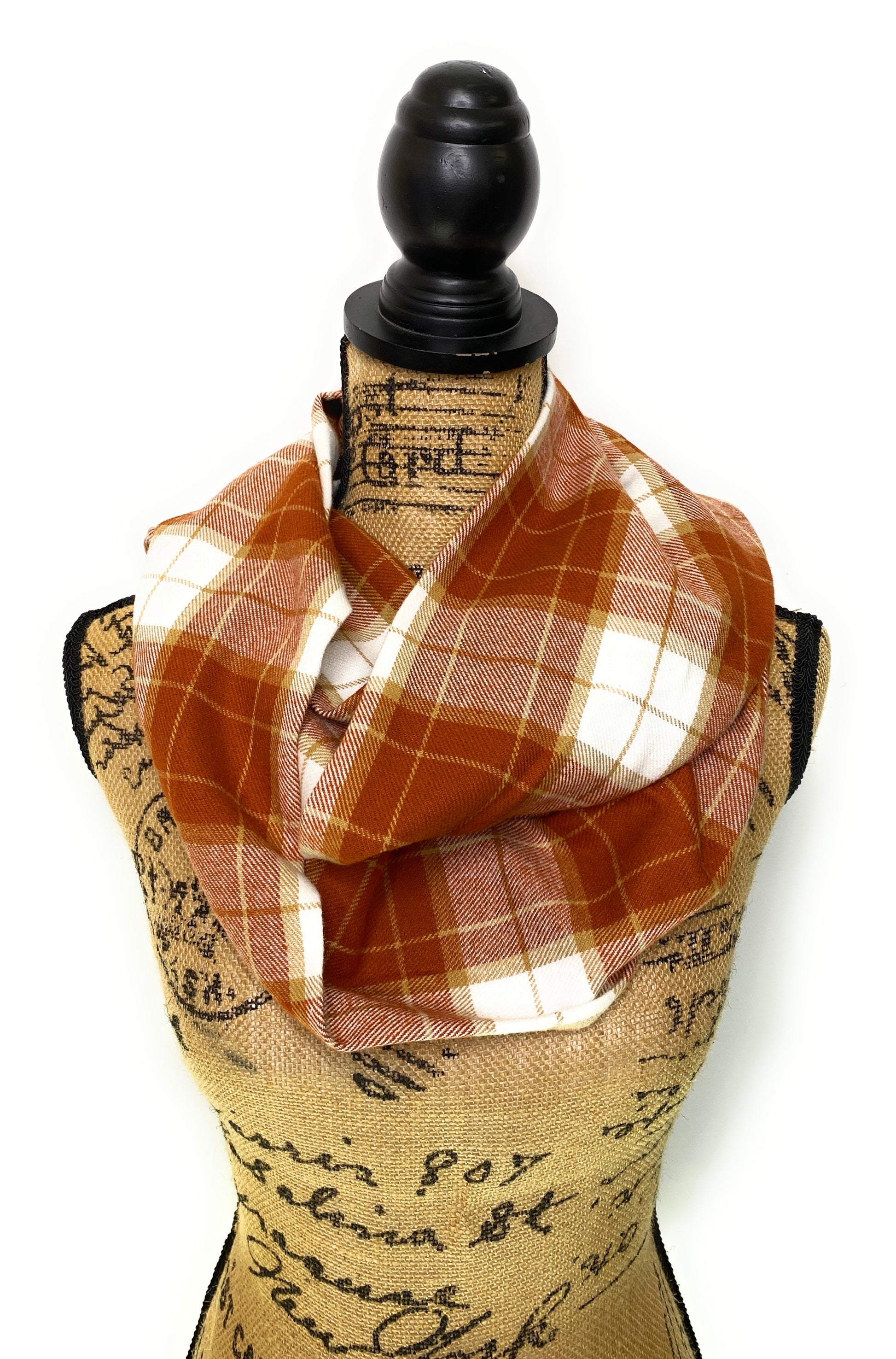 Pumpkin Pie Plaid - Fall Colors of Rusty Pumpkin Orange, Tan, and Whipped Cream White Plaid Infinity and Blanket Scarves - Tampa Home & Garden Store