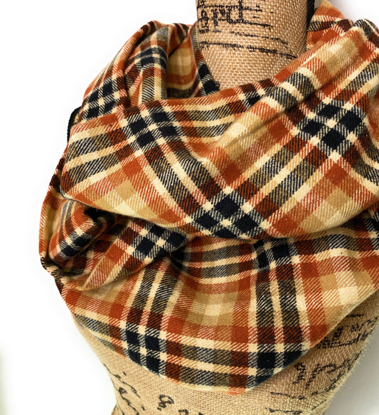 Pumpkin Spice Plaid - Fall Colors of Rusty Orange, Tan, Oatmeal Cream, and Black Plaid Infinity and Blanket Scarves - Tampa Home & Garden Store