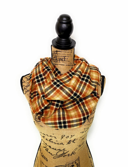 Pumpkin Spice Plaid - Fall Colors of Rusty Orange, Tan, Oatmeal Cream, and Black Plaid Infinity and Blanket Scarves - Tampa Home & Garden Store