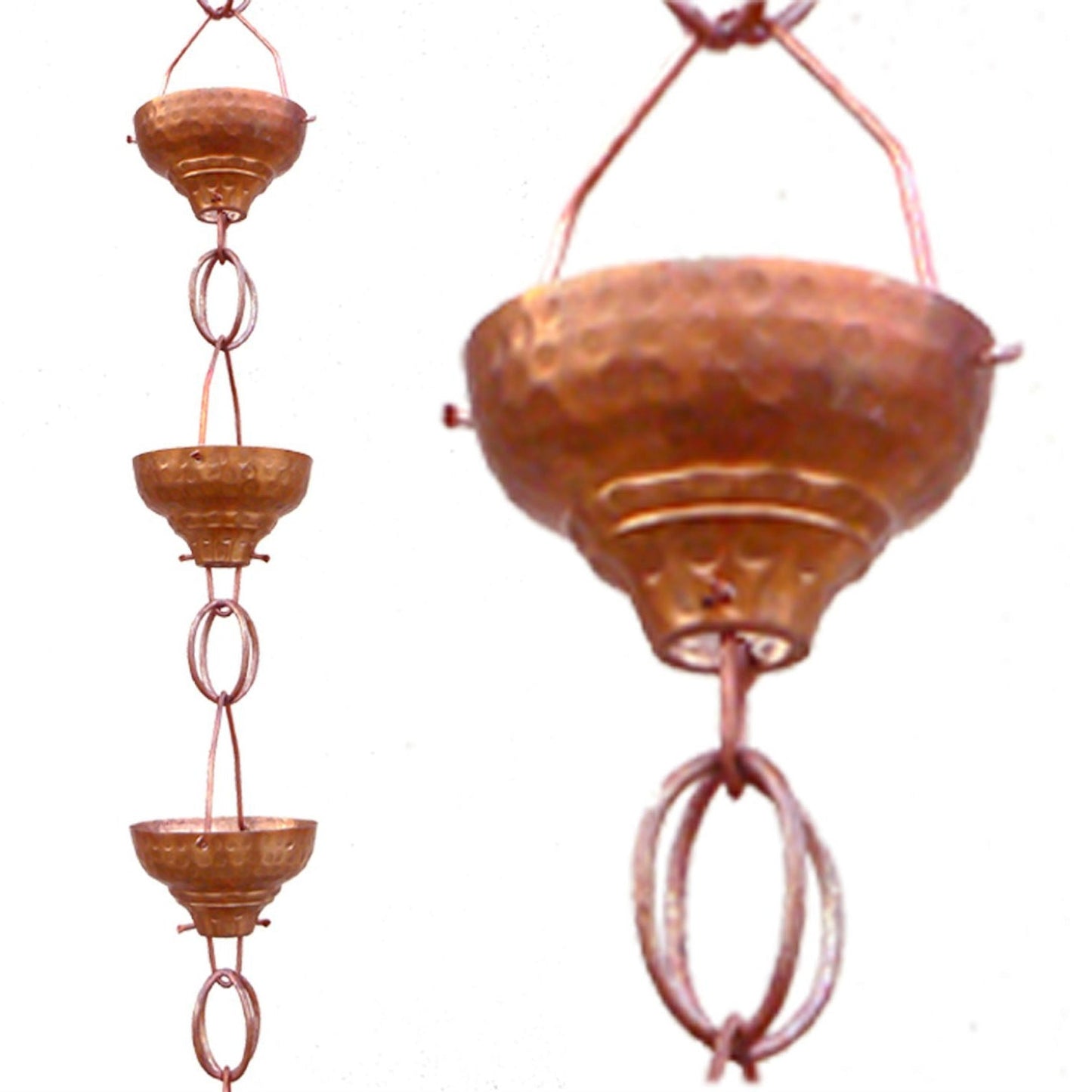 Pure Copper 8.5-Ft Rain Chain with 13 Hammered Funnel Shape Cups - Tampa Home & Garden Store
