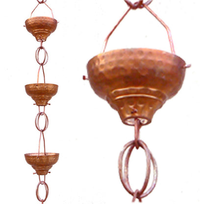 Pure Copper 8.5-Ft Rain Chain with 13 Hammered Funnel Shape Cups - Tampa Home & Garden Store