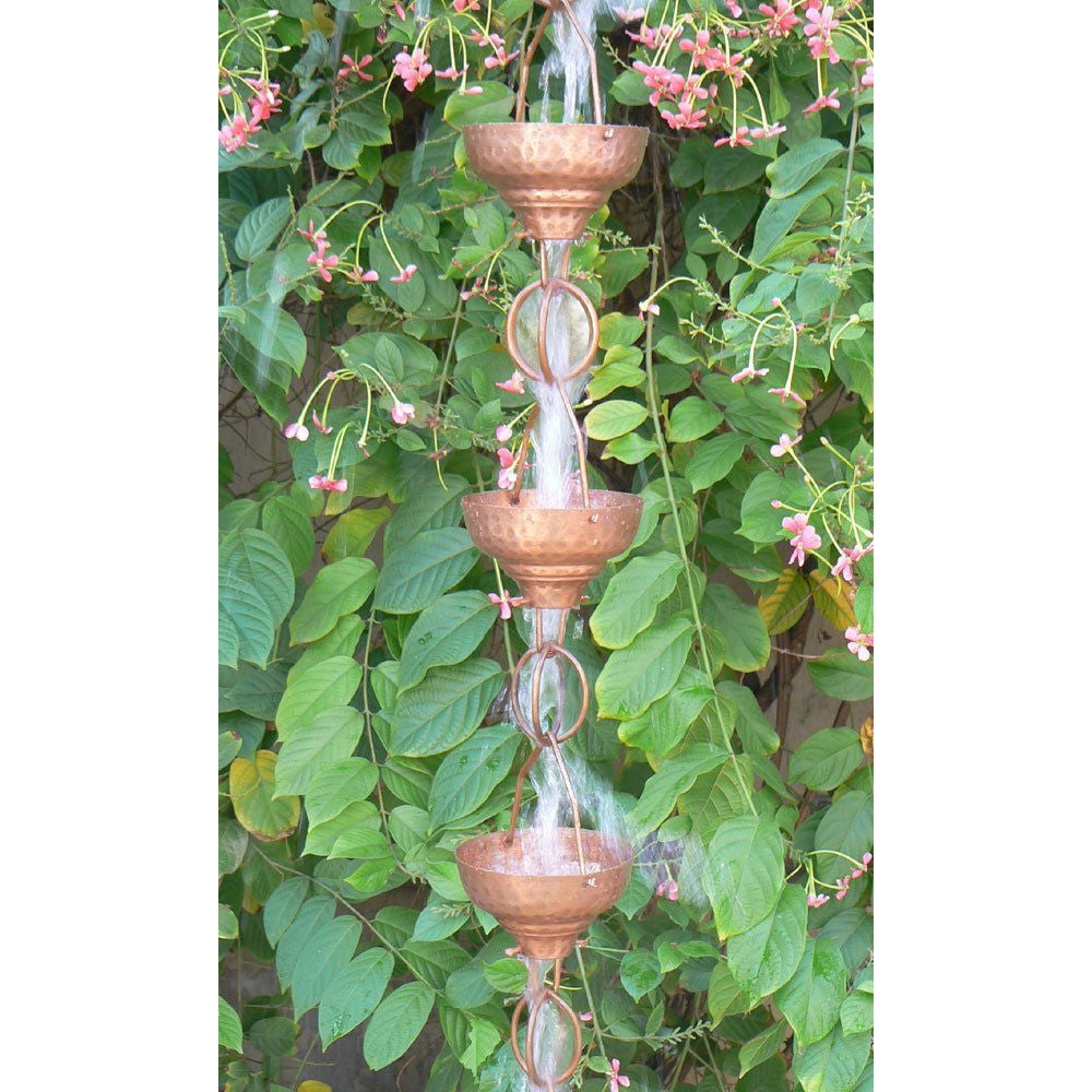 Pure Copper 8.5-Ft Rain Chain with 13 Hammered Funnel Shape Cups - Tampa Home & Garden Store