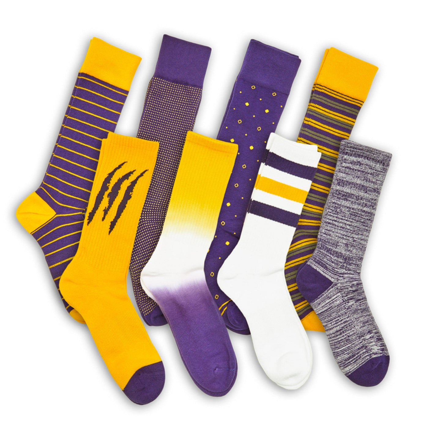 Gold / Purple Mixed Socks 8 Pack by DeadSoxy, team colorways crew socks on Tampa Home & Garden Store