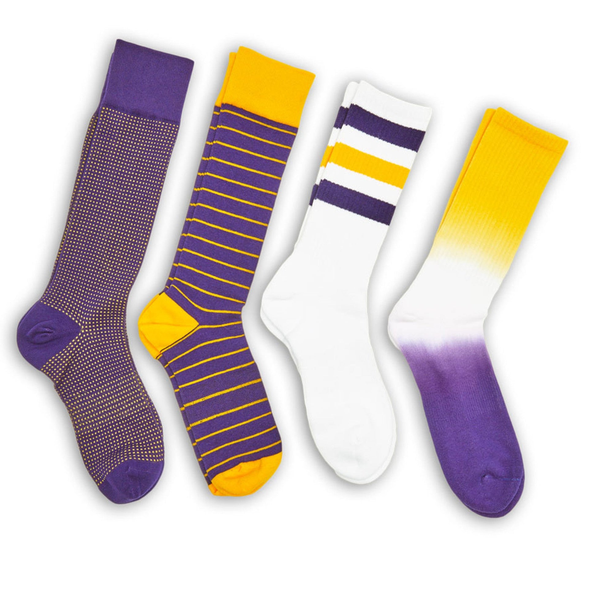 Purple / Gold Mixed Socks 4 Pack -A DeadSoxy team colorways with dotted and striped patterns on Tampa Home & Garden Store