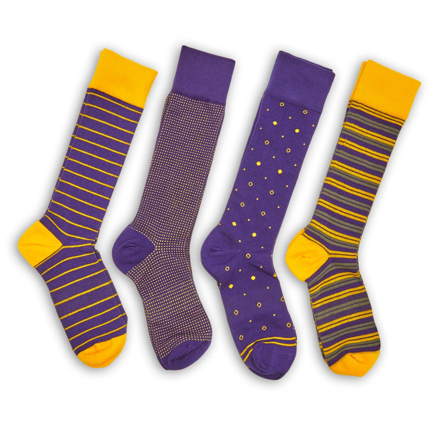 Gold/Purple Mixed Socks 8 Pack DeadSoxy crew socks with striped, dotted patterns, 4 shown on Tampa Home & Garden Store