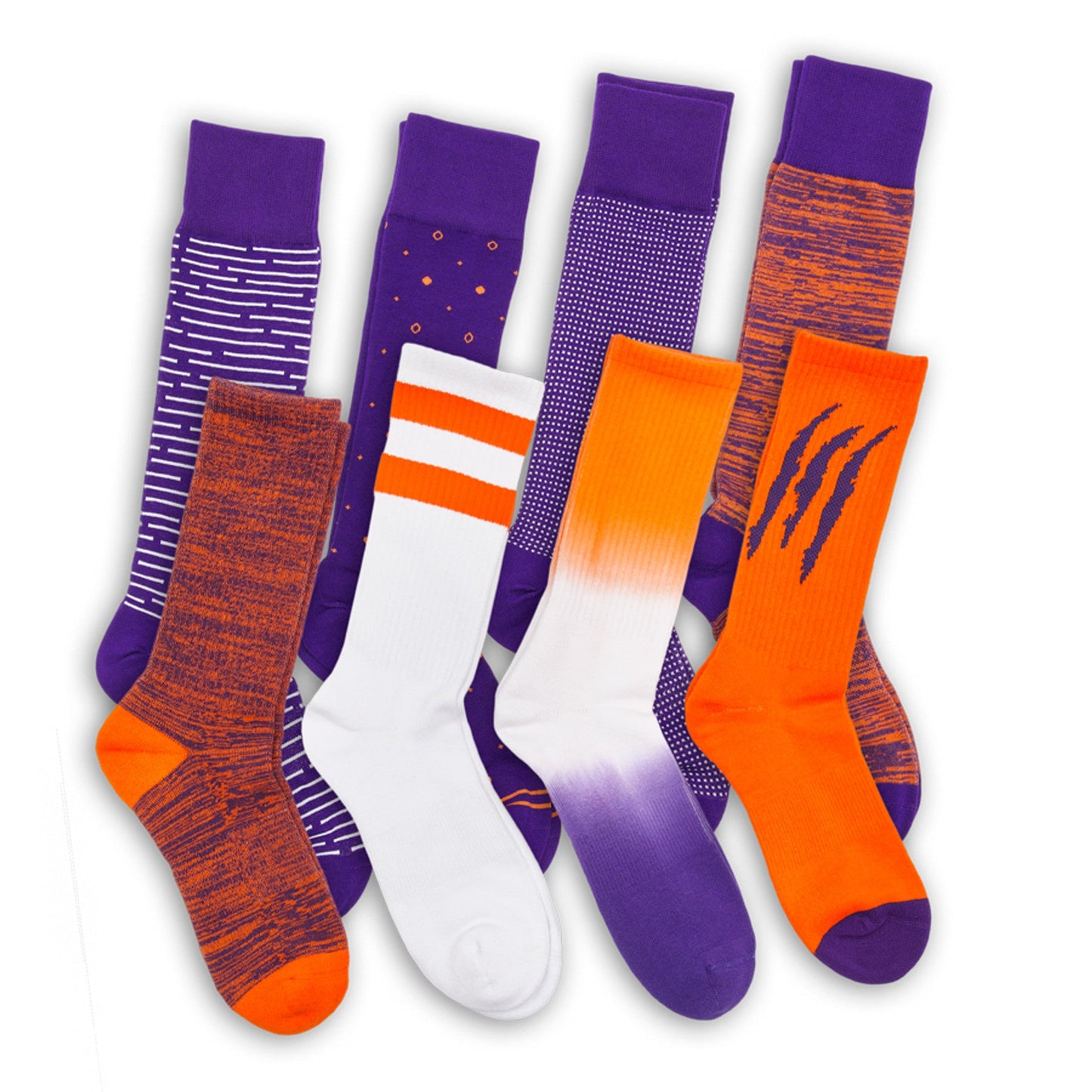 Purple/Orange Mixed Socks 8 Pack by DeadSoxy, team colorways with bold patterns on Tampa Home & Garden Store