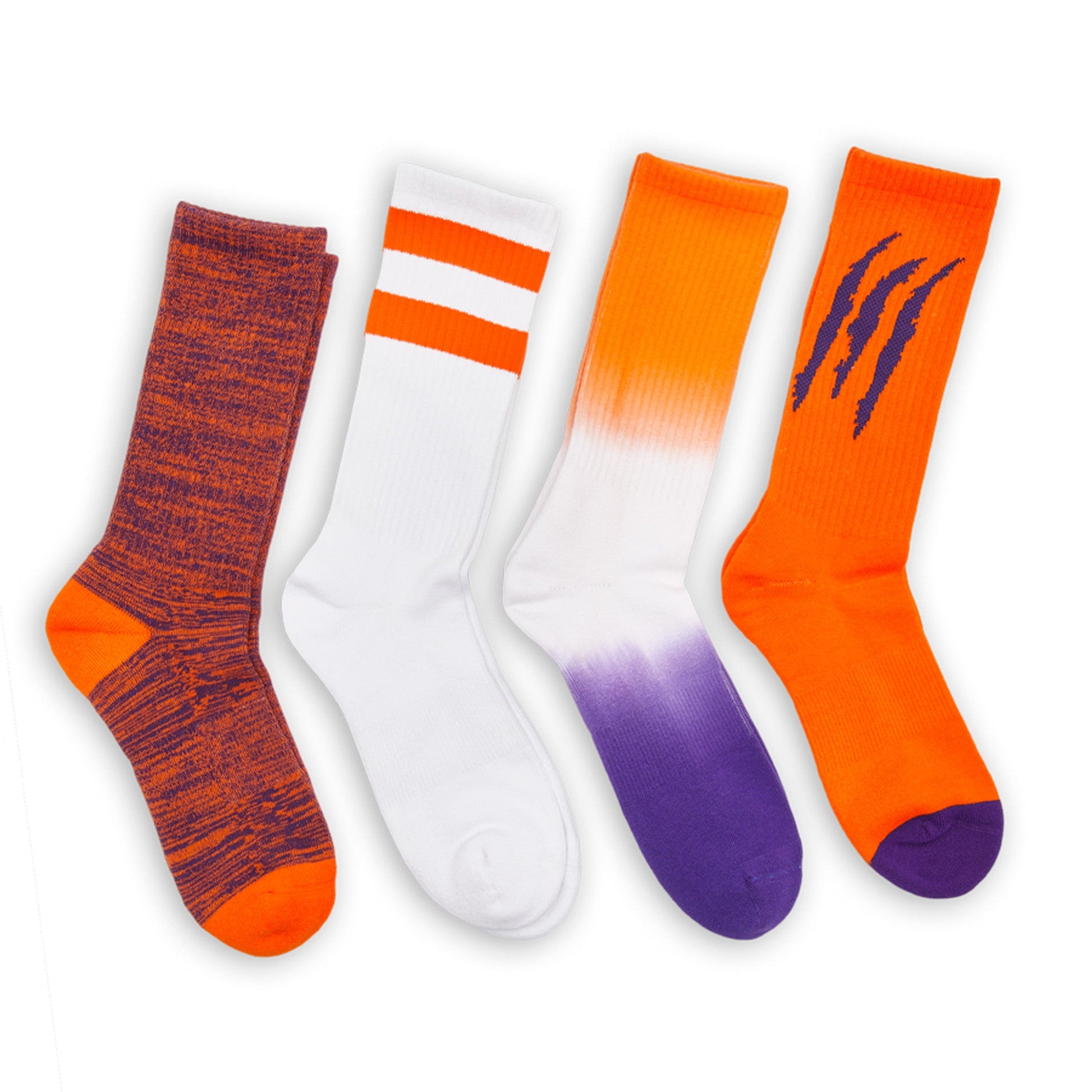 Purple/Orange Casual Socks 4 Pack: striped white, orange solid, orange with purple accent on Tampa Home & Garden Store