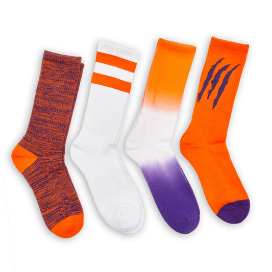 Purple/Orange Casual Socks 4 Pack: striped white, orange solid, orange with purple accent on Tampa Home & Garden Store