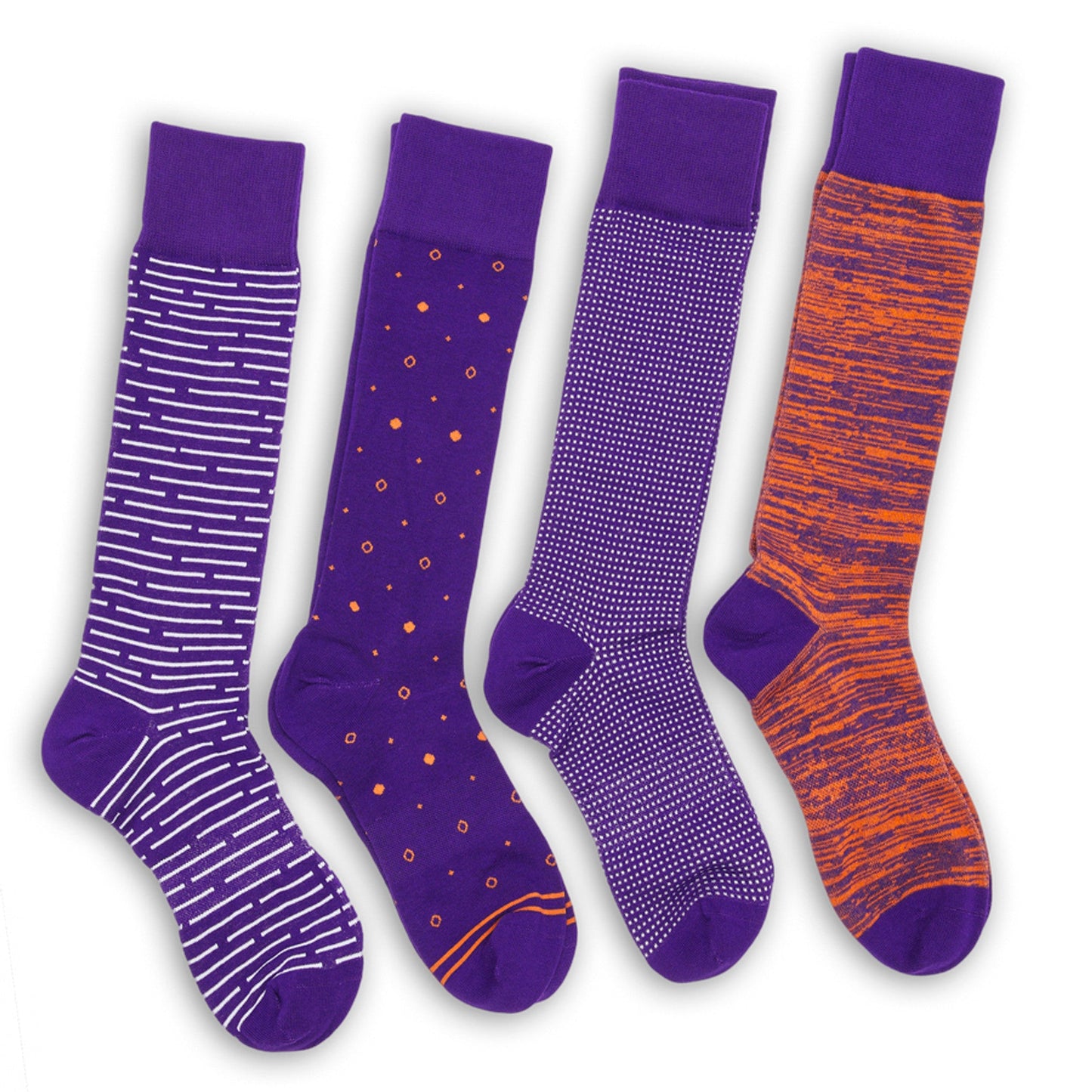 DeadSoxy Purple Orange Mixed Socks 8 Pack, team colorways with striped and dotted patterns on Tampa Home & Garden Store