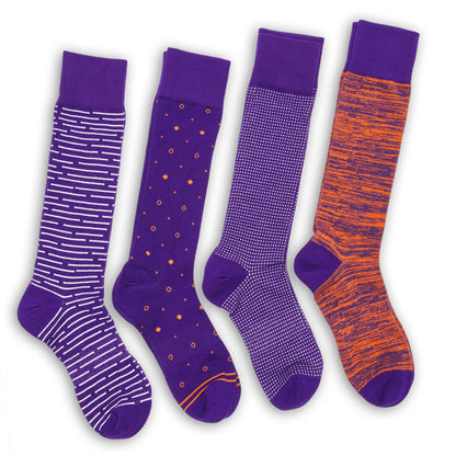 DeadSoxy Purple Orange Mixed Socks 8 Pack, team colorways with striped and dotted patterns on Tampa Home & Garden Store