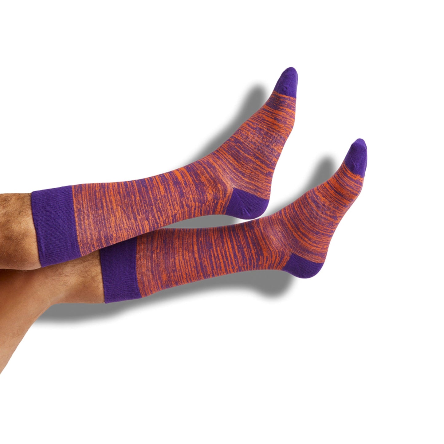 Purple orange marled crew socks worn on legs, two socks visible on Tampa Home & Garden Store
