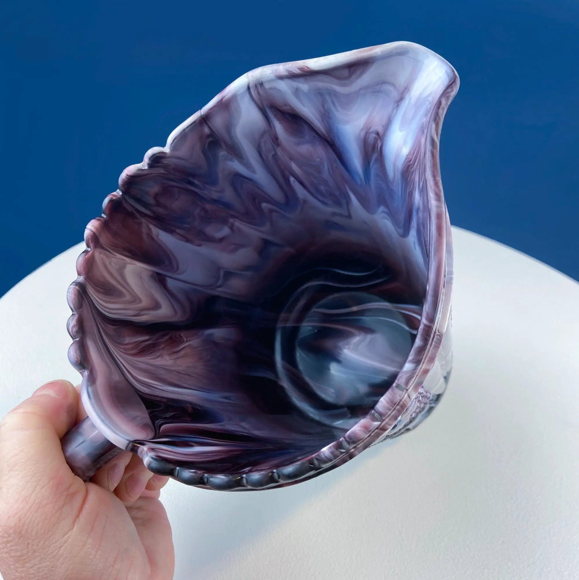 Purple Slag Glass Pitcher with Geometrical Motifs, milk glass marbled purple/white, ruffled lip on Tampa Home & Garden Store