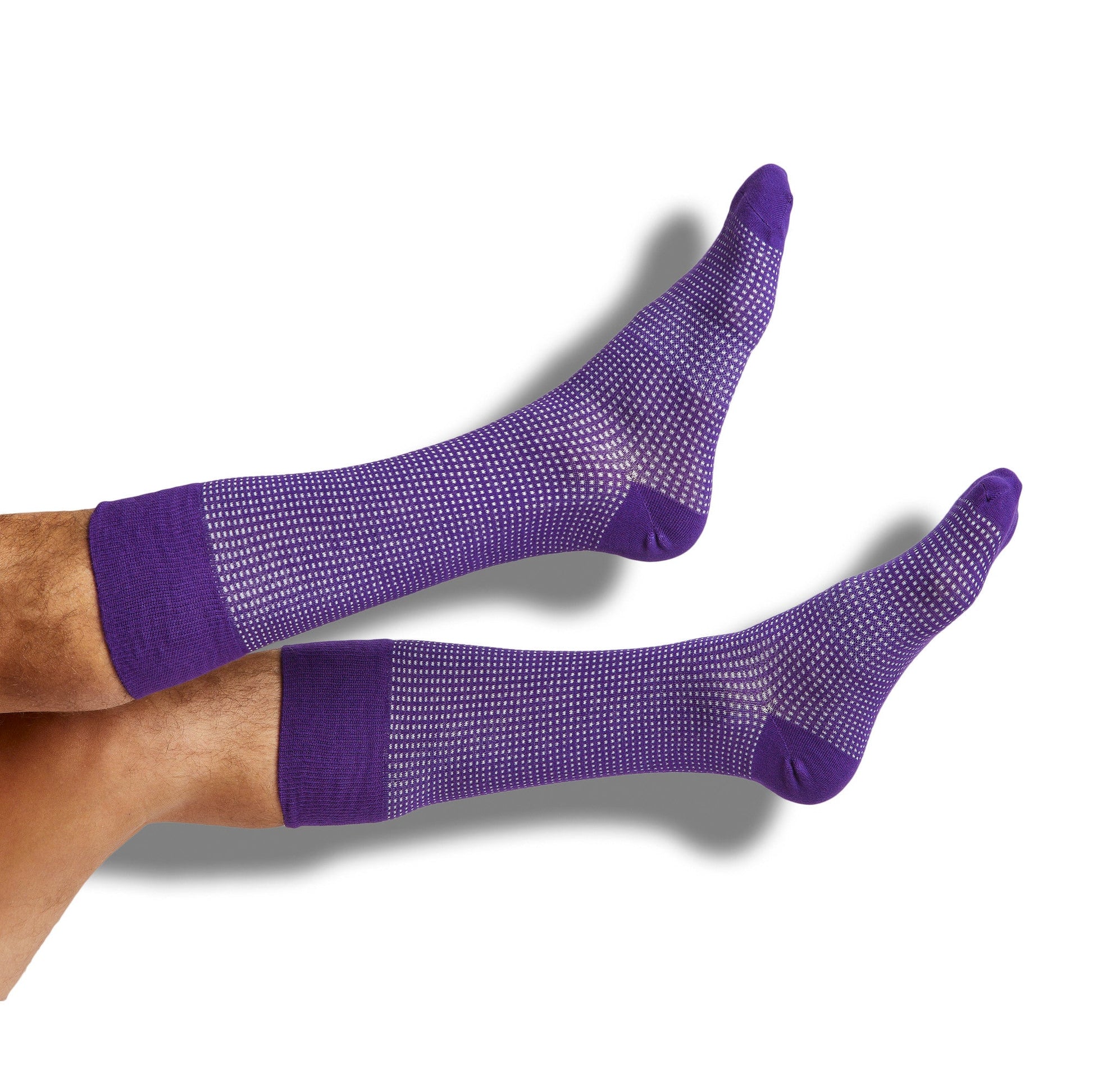 DeadSoxy purple crew socks with white dotted pattern on Tampa Home & Garden Store