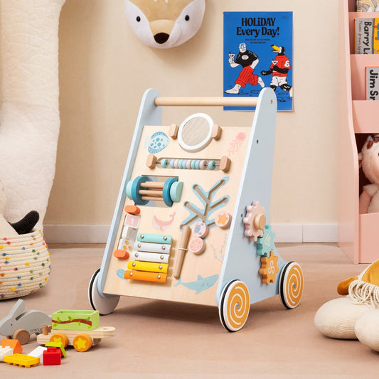 Wooden Baby Walker Push and Pull Learning Activity Center with Wheels-Blue - Tampa Home & Garden Store