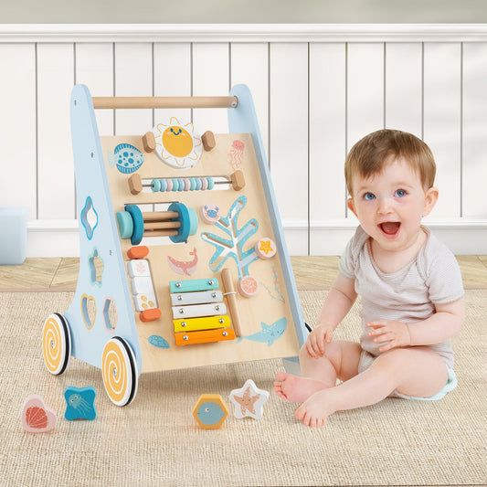 Wooden Baby Walker Push and Pull Learning Activity Center with Wheels-Blue - Tampa Home & Garden Store