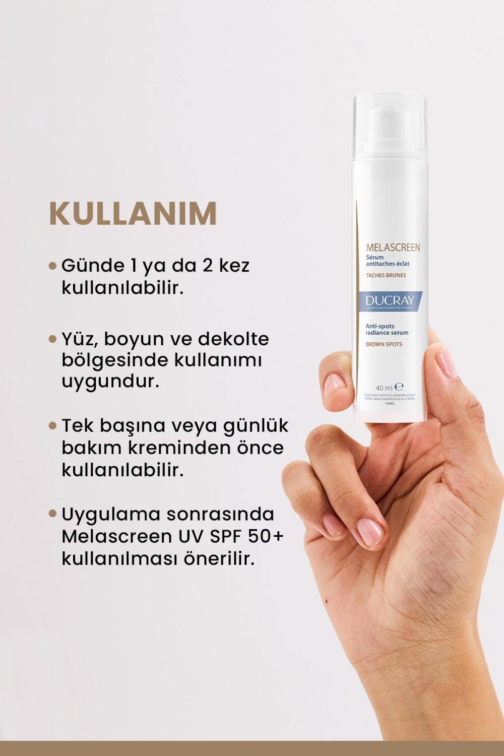 Face serum Ducray Melascreen Serum bottle 40 ml held in hand with visible DUCRAY branding on Tampa Home & Garden Store
