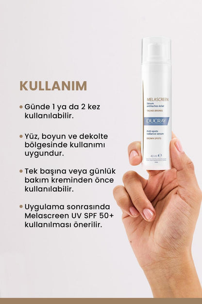 Face serum Ducray Melascreen Serum bottle 40 ml held in hand with visible DUCRAY branding on Tampa Home & Garden Store